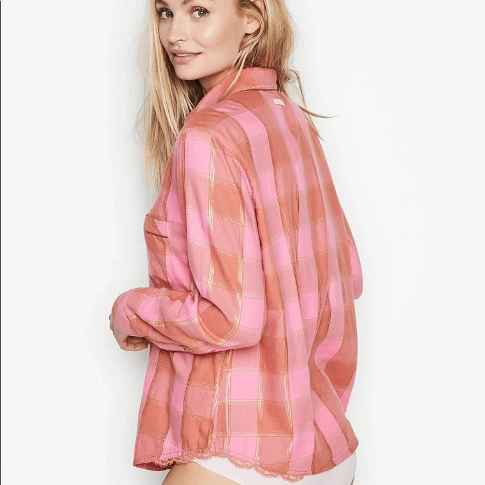 Victoria Secret | Flannel Top Rose Blush Plaid